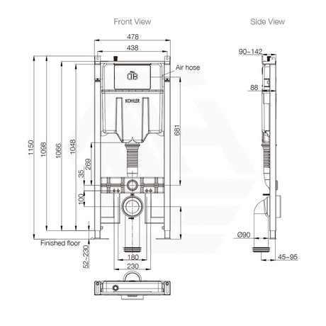 Kohler Pneumatic In-Wall Cistern 88mm with Frame for Wall Hung Toilet, Flush Buttons Available