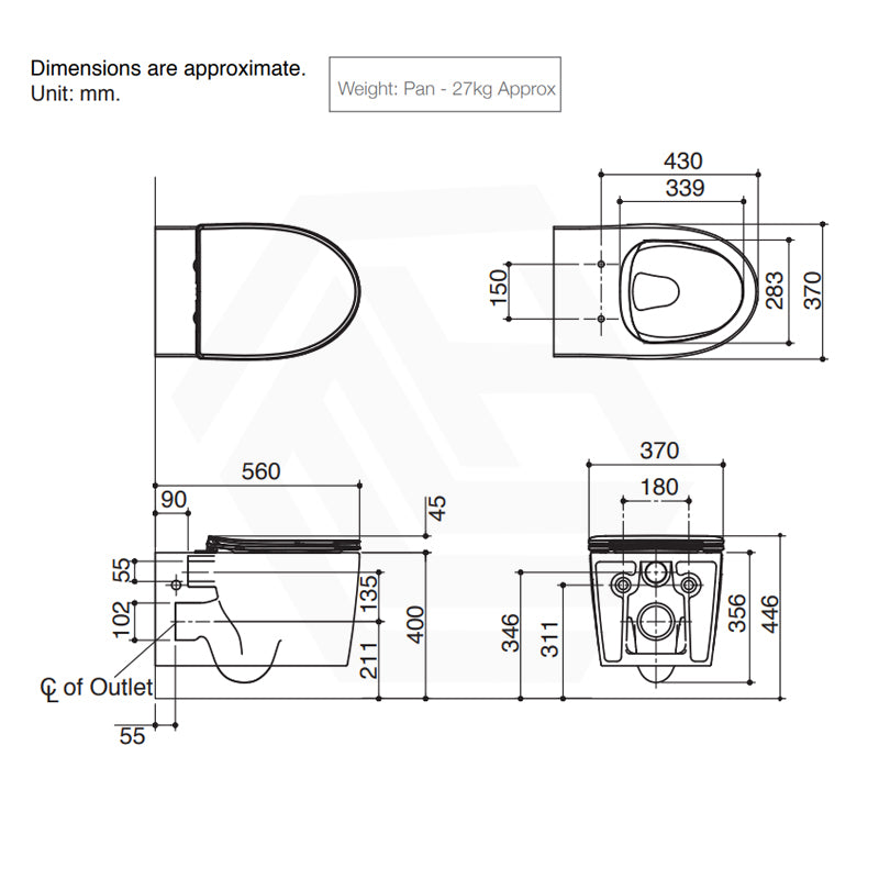 Kohler Grande 560x370x356mm Vitreous China White Rimless Wall Hung Toilet Pan, Seat Cover Available