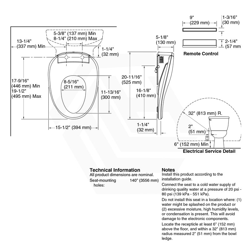 Kohler 525x394x130mm C3™-255 Electronic Elongated Bidet Seat with Remote Control