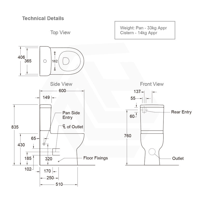 600x406x835mm Kohler Reach™ Compact Close-Coupled Toilet Suite Gloss White Rear/Side Inlet