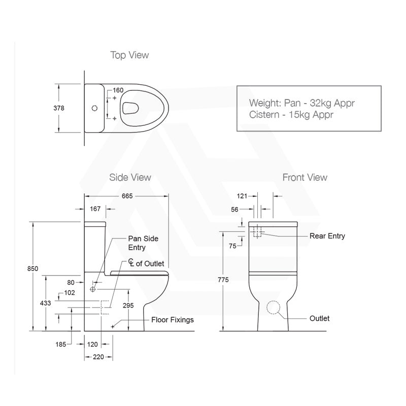 665x378x850mm Kohler Parliament Close-Coupled Toilet Suite Gloss White Box Rim Rear/Side Inlet