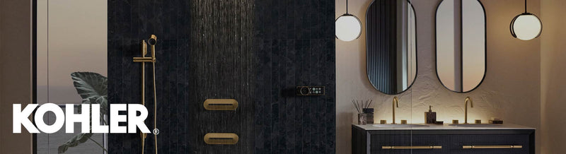 Luxury dark bathroom featuring Kohler rain shower and fittings
