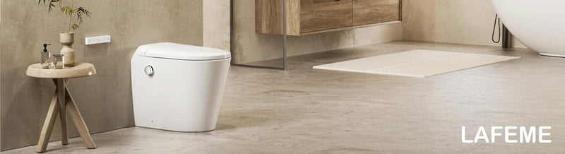 Modern bathroom featuring Lafeme back to wall and wall-hung toilets.