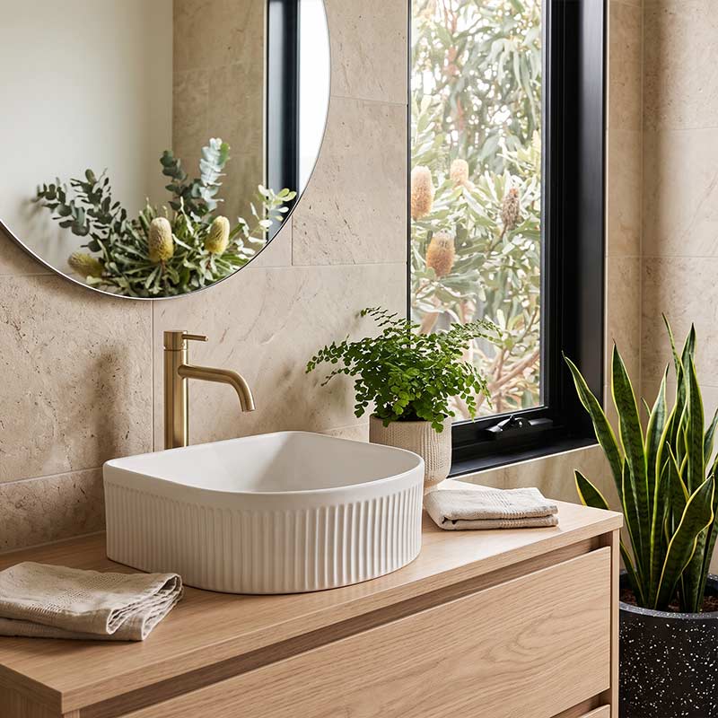 Lukka Arco Flueted Fine Ceramic Above Counter Basin 400x350x130mm - Variant Colour
