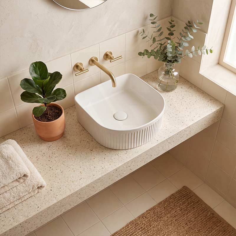 Lukka Arco Flueted Fine Ceramic Above Counter Basin 400x350x130mm - Variant Colour