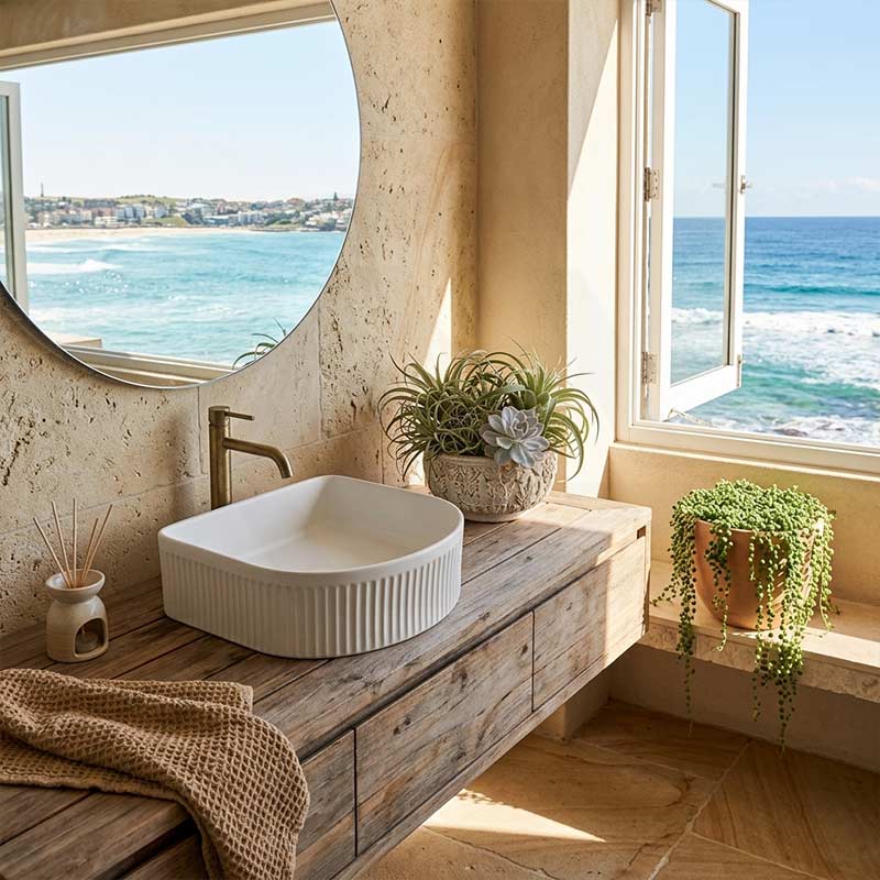 Lukka Arco Flueted Fine Ceramic Above Counter Basin 400x350x130mm - Variant Colour