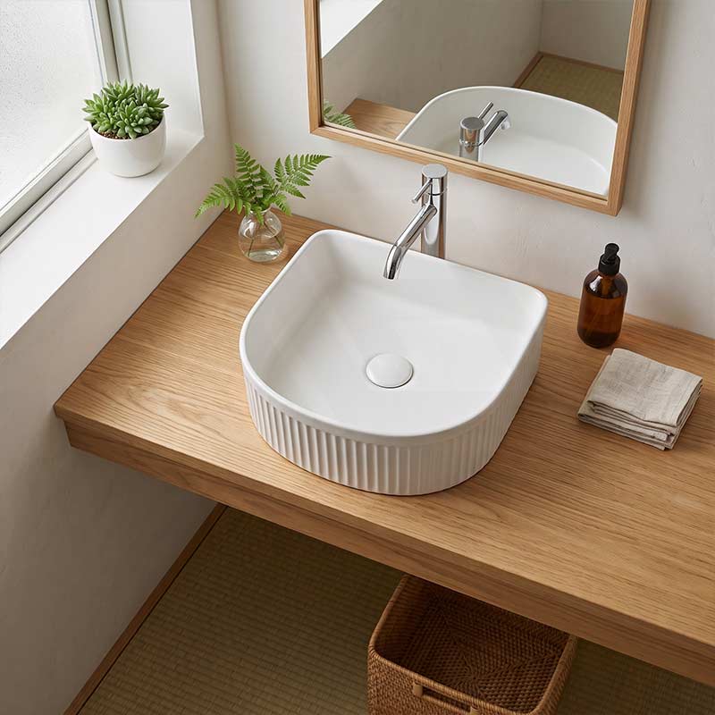 Lukka Arco Flueted Fine Ceramic Above Counter Basin 400x350x130mm - Variant Colour