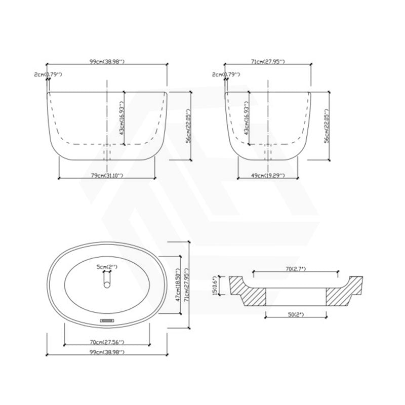 Lukka Agena Acrylic Freestanding Bathtub NO Overflow 990/1400/1500/1700mm - Matt White/Gloss White