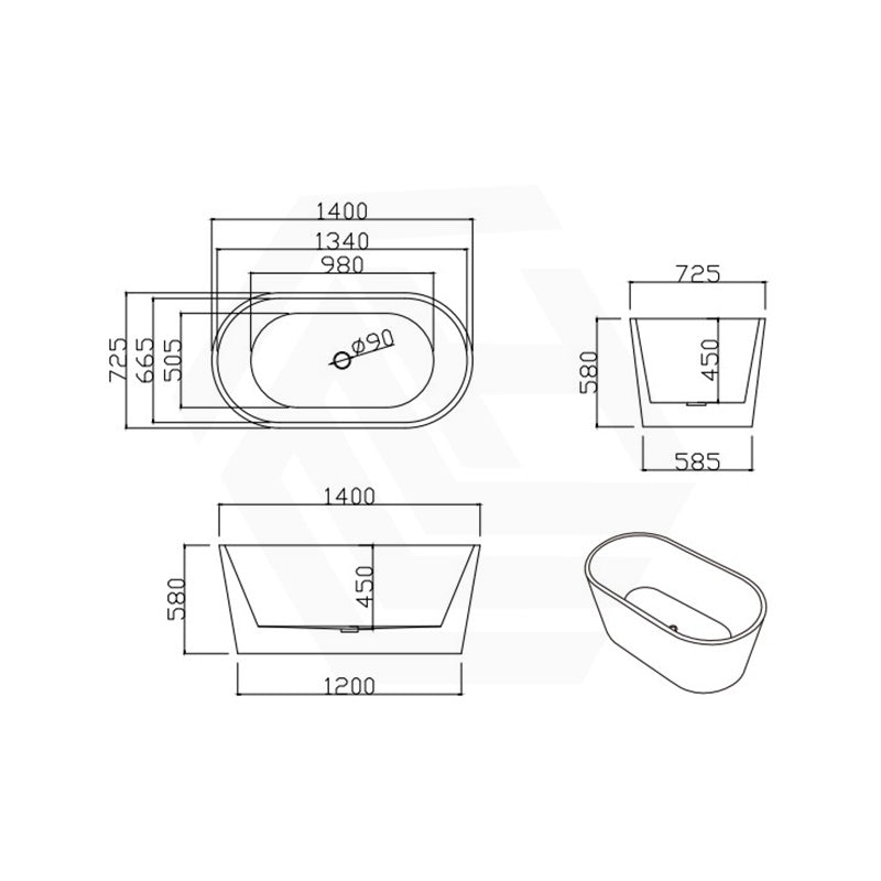 Lukka Agena Acrylic Freestanding Bathtub NO Overflow 990/1400/1500/1700mm - Matt White/Gloss White