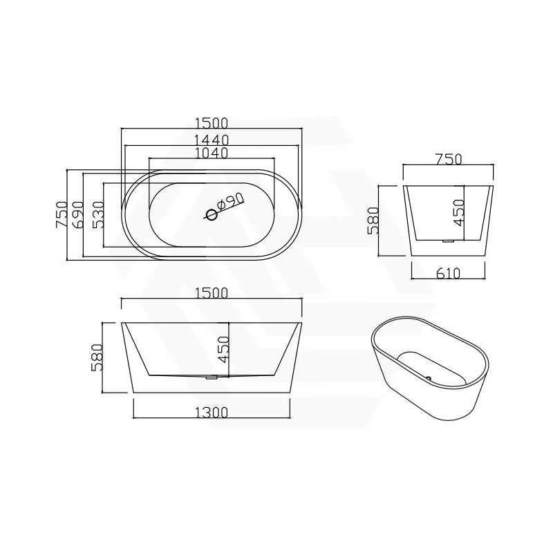 Lukka Agena Acrylic Freestanding Bathtub NO Overflow 990/1400/1500/1700mm - Matt White/Gloss White
