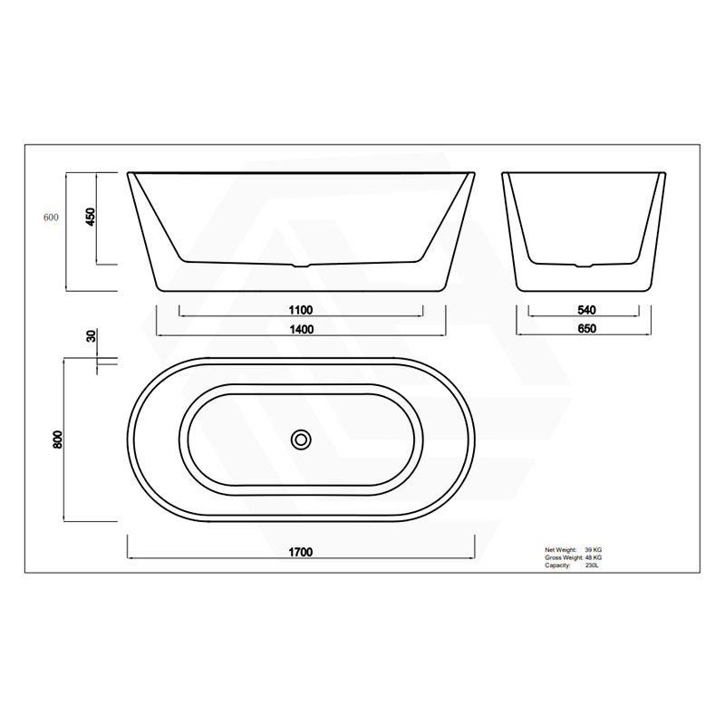 Lukka Agena Acrylic Freestanding Bathtub NO Overflow 990/1400/1500/1700mm - Matt White/Gloss White