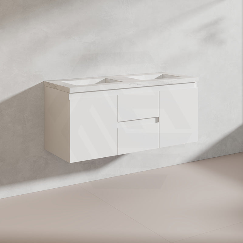 Lukka Alpha 1200mm Gloss White PVC Wall Hung Vanity with Soft Closing Finger Pull Doors and Drawers for Single/Double Bowls