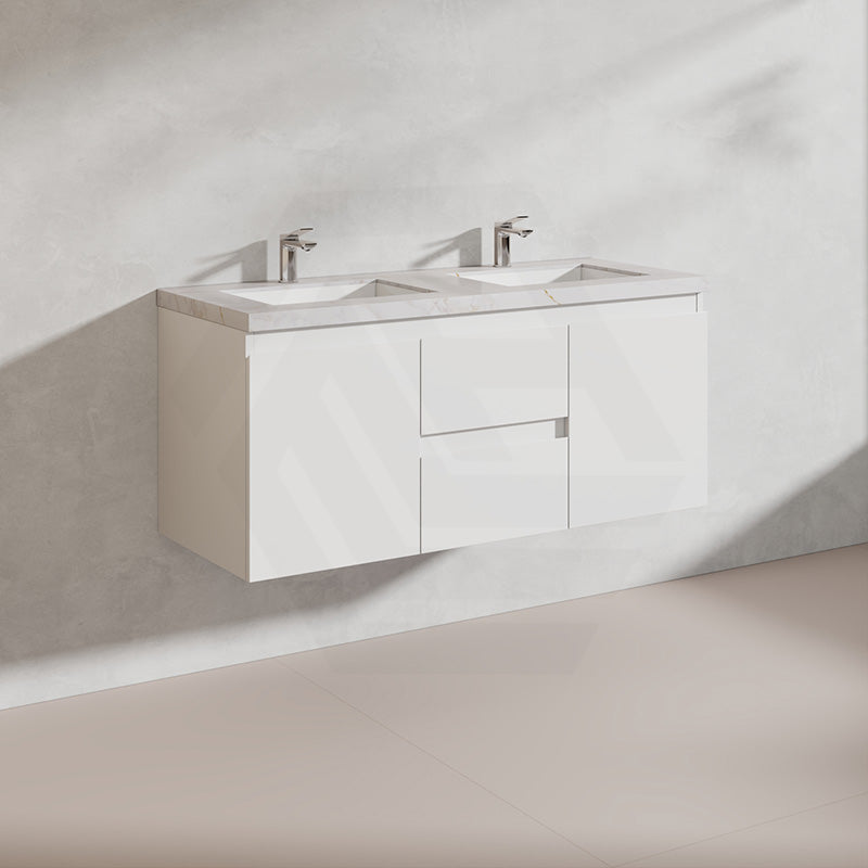 Lukka Alpha 1200mm Gloss White PVC Wall Hung Vanity with Soft Closing Finger Pull Doors and Drawers for Single/Double Bowls
