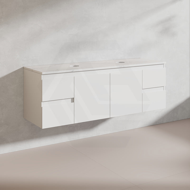 Lukka Alpha 1500mm Gloss White PVC Wall Hung Vanity with Soft Closing Finger Pull Doors and Drawers for Single/Double Bowls