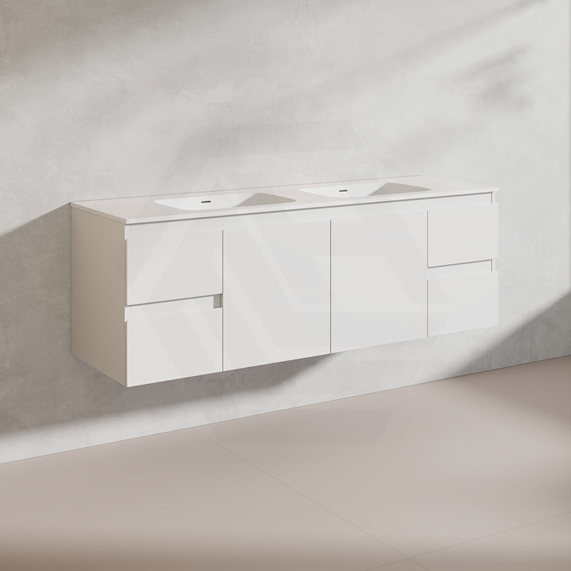 Lukka Alpha 1500mm Gloss White PVC Wall Hung Vanity with Soft Closing Finger Pull Doors and Drawers for Single/Double Bowls