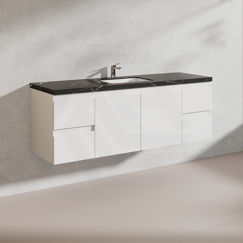 Lukka Alpha 1500mm Gloss White PVC Wall Hung Vanity with Soft Closing Finger Pull Doors and Drawers for Single/Double Bowls