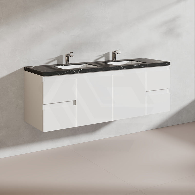 Lukka Alpha 1500mm Gloss White PVC Wall Hung Vanity with Soft Closing Finger Pull Doors and Drawers for Single/Double Bowls