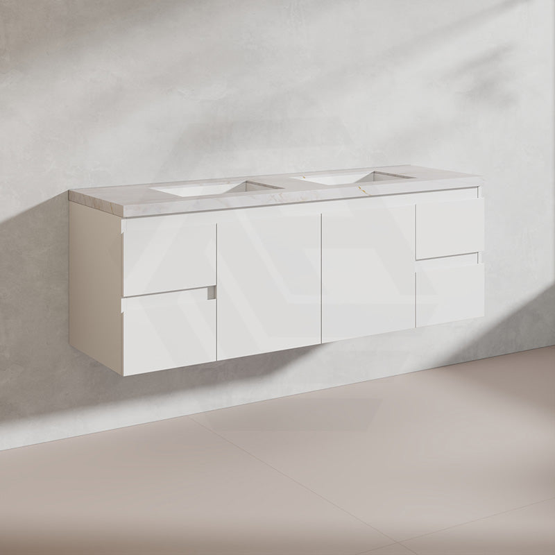 Lukka Alpha 1500mm Gloss White PVC Wall Hung Vanity with Soft Closing Finger Pull Doors and Drawers for Single/Double Bowls
