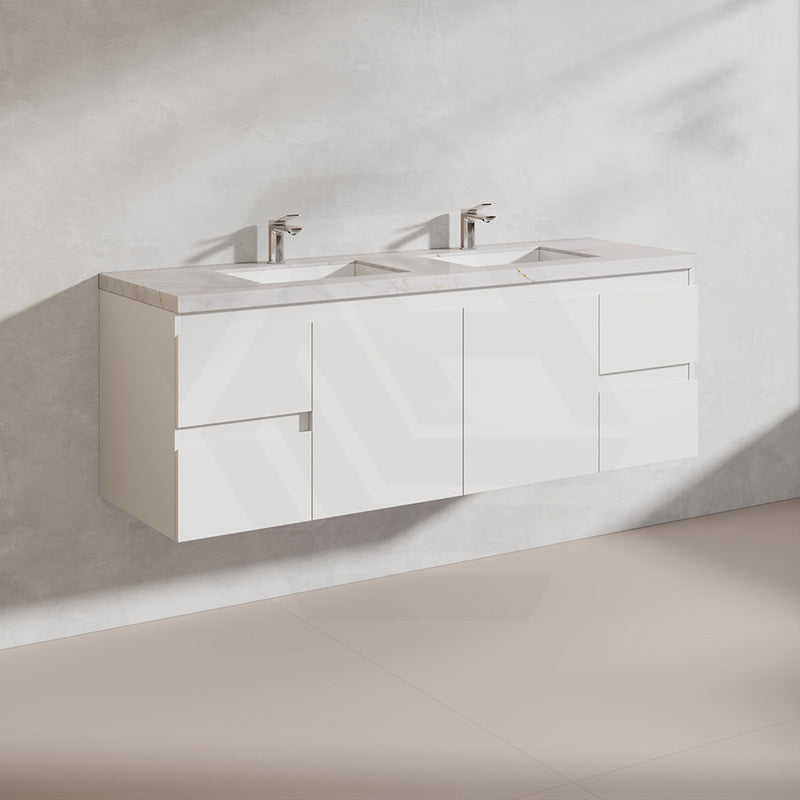 Lukka Alpha 1500mm Gloss White PVC Wall Hung Vanity with Soft Closing Finger Pull Doors and Drawers for Single/Double Bowls