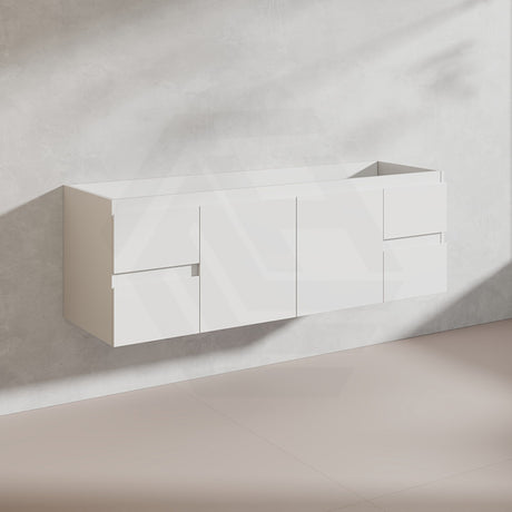 Lukka Alpha 1500mm Gloss White PVC Wall Hung Vanity with Soft Closing Finger Pull Doors and Drawers for Single/Double Bowls