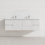Lukka Alpha 1500mm Gloss White PVC Wall Hung Vanity with Soft Closing Finger Pull Doors and Drawers for Single/Double Bowls