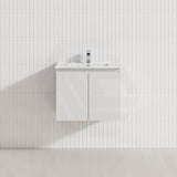 Lukka Alpha 600mm Gloss White PVC Wall Hung Vanity with Soft Closing Finger Pull Door