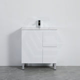 Lukka Alpha Ensuite 750mm Gloss White PVC Narrow Freestanding Vanity with Soft Closing Finger Pull Door and Left/Right Hand Drawers