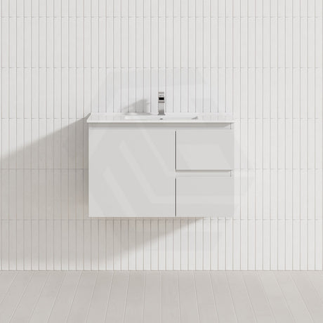 Lukka Alpha Ensuite 750mm Gloss White Narrow PVC Wall Hung Vanity with Left/Right Hand Drawers and Soft Closing Finger Pull Door