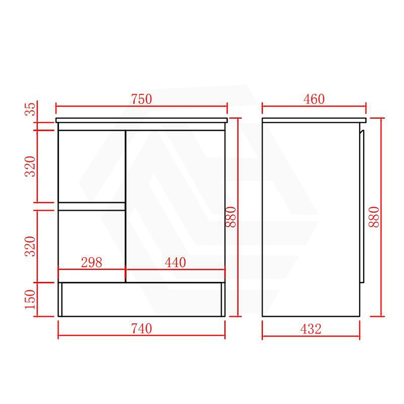 Lukka Alpha 750mm Gloss White PVC Freestanding Vanity with Left/Right Hand Drawers and Soft Closing Finger Pull Door