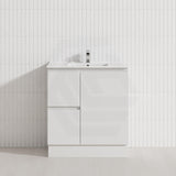 Lukka Alpha 750mm Gloss White PVC Freestanding Vanity with Left/Right Hand Drawers and Soft Closing Finger Pull Door