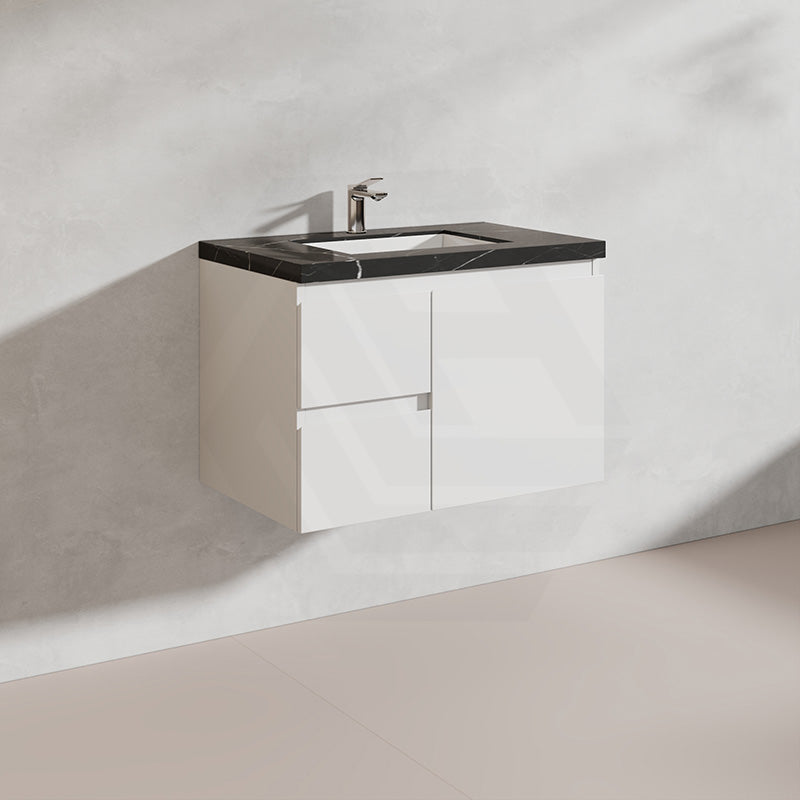 Lukka Alpha 750mm Gloss White PVC Wall Hung Vanity with Soft Closing Finger Pull Door and Left/Right Hand Drawers