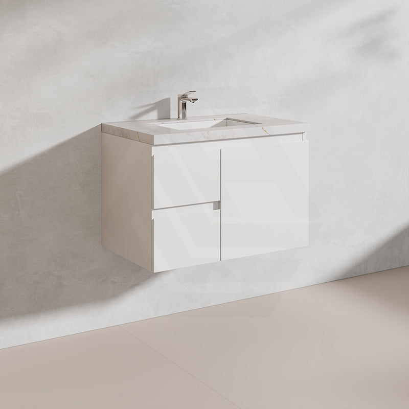 Lukka Alpha 750mm Gloss White PVC Wall Hung Vanity with Soft Closing Finger Pull Door and Left/Right Hand Drawers