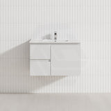 Lukka Alpha 750mm Gloss White PVC Wall Hung Vanity with Soft Closing Finger Pull Door and Left/Right Hand Drawers