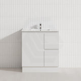 Lukka Alpha 750mm Gloss White PVC Freestanding Vanity with Left/Right Hand Drawers and Soft Closing Finger Pull Door