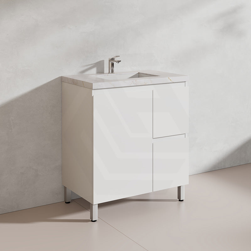 Lukka Alpha 750mm Gloss White PVC Freestanding Vanity with Left/Right Hand Drawers and Soft Closing Finger Pull Door