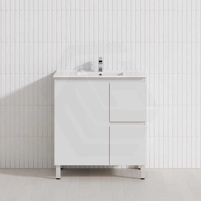 Lukka Alpha 750mm Gloss White PVC Freestanding Vanity with Left/Right Hand Drawers and Soft Closing Finger Pull Door