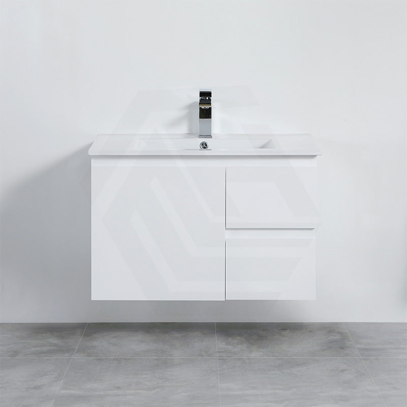 Lukka Alpha 750mm Gloss White PVC Wall Hung Vanity with Soft Closing Finger Pull Door and Left/Right Hand Drawers