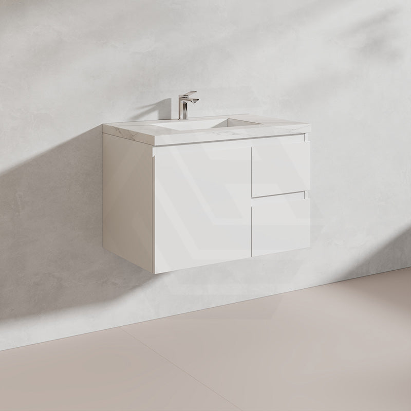 Lukka Alpha 750mm Gloss White PVC Wall Hung Vanity with Soft Closing Finger Pull Door and Left/Right Hand Drawers