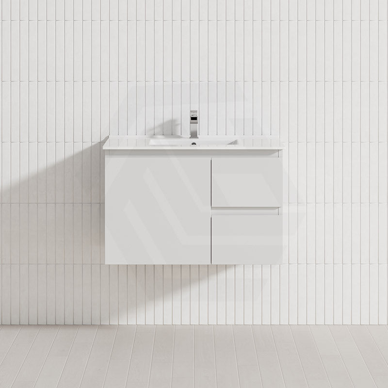 Lukka Alpha 750mm Gloss White PVC Wall Hung Vanity with Soft Closing Finger Pull Door and Left/Right Hand Drawers
