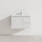 Lukka Alpha 750mm Gloss White PVC Wall Hung Vanity with Soft Closing Finger Pull Door and Left/Right Hand Drawers