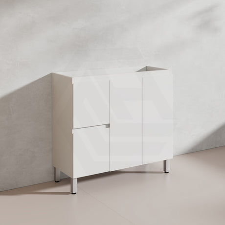 Lukka Alpha Ensuite 900mm Gloss White PVC Narrow Freestanding Vanity with Soft Closing Finger Pull Doors and Left/Right Hand Drawers