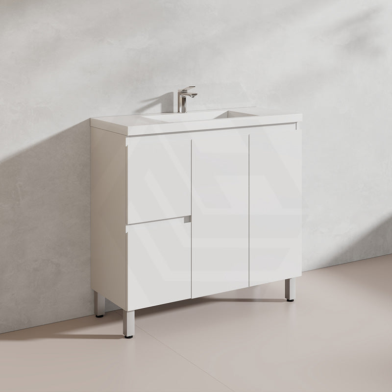 Lukka Alpha Ensuite 900mm Gloss White PVC Narrow Freestanding Vanity with Soft Closing Finger Pull Doors and Left/Right Hand Drawers