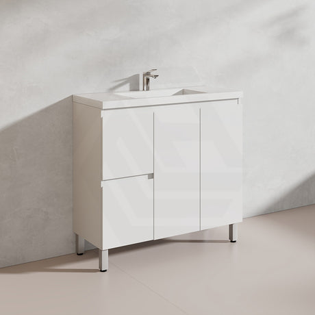 Lukka Alpha Ensuite 900mm Gloss White PVC Narrow Freestanding Vanity with Soft Closing Finger Pull Doors and Left/Right Hand Drawers