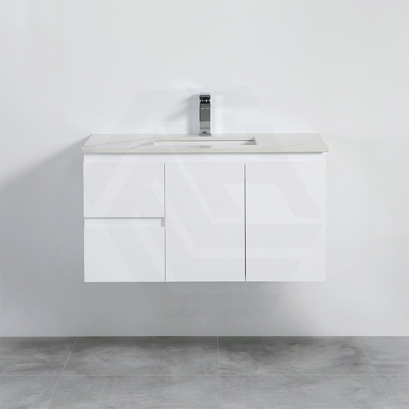Lukka Alpha Ensuite 900mm Gloss White PVC Narrow Wall Hung Vanity with Left/Right Hand Drawers and Soft Closing Finger Pull Doors