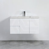Lukka Alpha Ensuite 900mm Gloss White PVC Narrow Wall Hung Vanity with Left/Right Hand Drawers and Soft Closing Finger Pull Doors