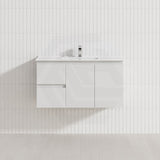 Lukka Alpha Ensuite 900mm Gloss White PVC Narrow Wall Hung Vanity with Left/Right Hand Drawers and Soft Closing Finger Pull Doors
