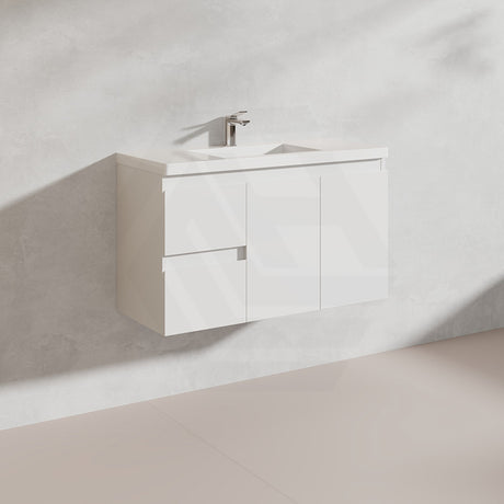 Lukka Alpha Ensuite 900mm Gloss White PVC Narrow Wall Hung Vanity with Left/Right Hand Drawers and Soft Closing Finger Pull Doors