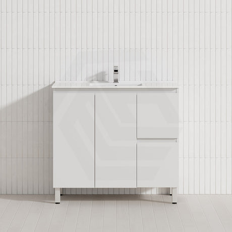 Lukka Alpha Ensuite 900mm Gloss White PVC Narrow Freestanding Vanity with Soft Closing Finger Pull Doors and Left/Right Hand Drawers