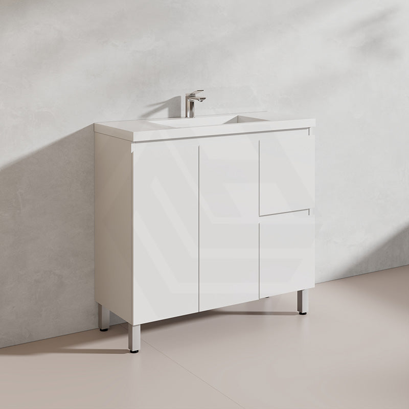 Lukka Alpha Ensuite 900mm Gloss White PVC Narrow Freestanding Vanity with Soft Closing Finger Pull Doors and Left/Right Hand Drawers