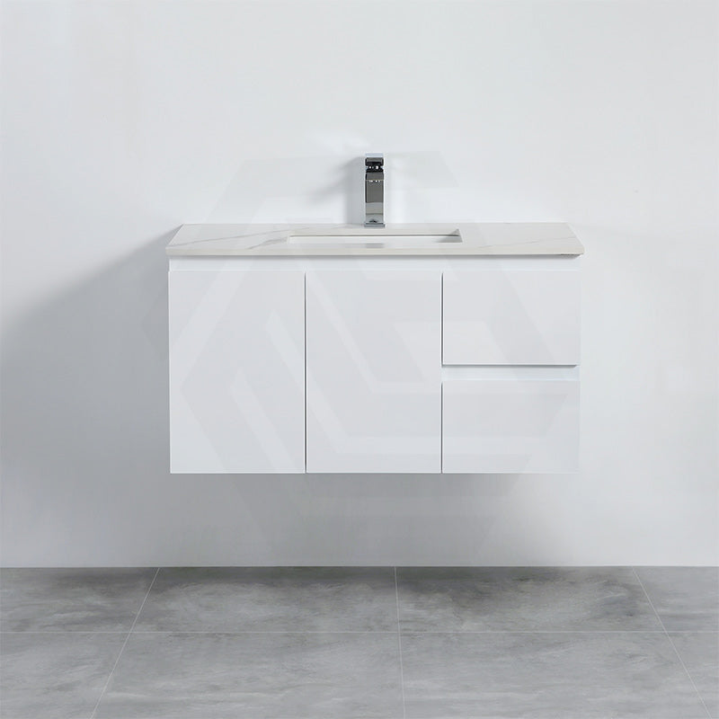 Lukka Alpha Ensuite 900mm Gloss White PVC Narrow Wall Hung Vanity with Left/Right Hand Drawers and Soft Closing Finger Pull Doors